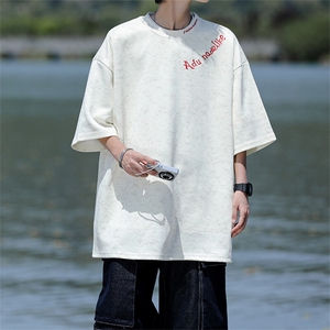 8XL-M 高级感复古扎染短袖男波浪纹半截袖美式刺绣T恤DX345图片