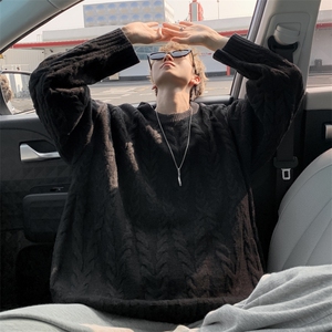 wassup happy复古麻花毛衣男冬季潮牌圆领情侣宽松保暖打底针织衫图片