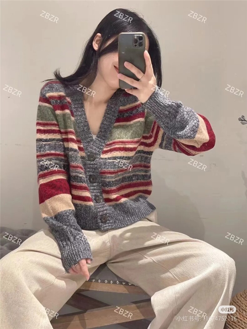 HE|色彩如阳拼色加厚baby山羊绒针织开衫女V领短款宽松毛衣外套,针织衫/毛衣,国旺羊绒