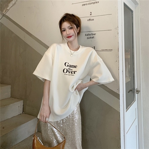 T0685-P25 简约字母黑白纯棉印花短袖 男女同款情侣宽松上衣图片