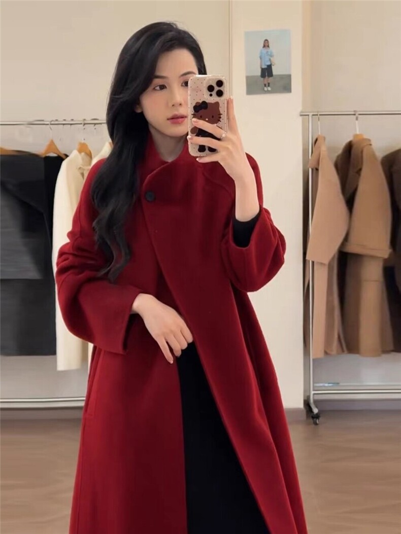 【依嘟】红色2025冬新款韩系高级感洋气小个子羊毛外套(配腰，女装双面呢大衣，依嘟服饰
