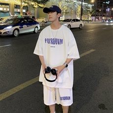 时尚华夫格运动套装男夏季宽松t恤休闲短袖短裤男装一套搭配帅气，男装休闲套装，星座506