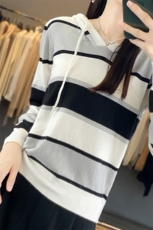 时尚百搭女士安迪绒宽条纹连帽针织衫简约大方舒适保暖适合秋季，女装针织衫/毛衣，思牵羊绒