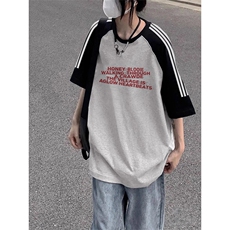 夏季美式高街重磅纯棉三条杠织带插肩撞色男女短袖T恤CZ129-特P25，男装T恤，电商A486