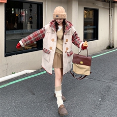 英格兰格子袖仿仿羊羔毛外套显瘦保暖中长款，女装毛呢外套，天使之佳话