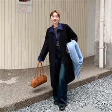 韩系假两件翻领撞色拼接双面呢羊毛大衣女秋冬2025新款高级感外套，女装毛呢外套，2B156