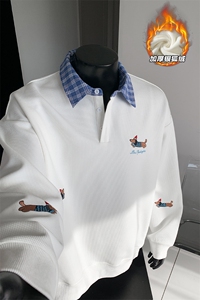 新款480g重磅银狐绒腊肠狗刺绣假两件卫衣男W5380J加绒-特P45控88图片
