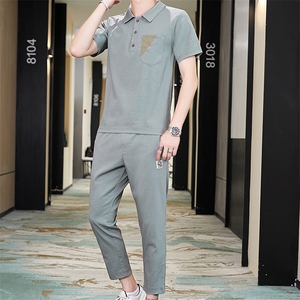 休闲套装男夏季两件套运动衣服新款韩版潮流帅气冰丝短袖TZ66-P45图片