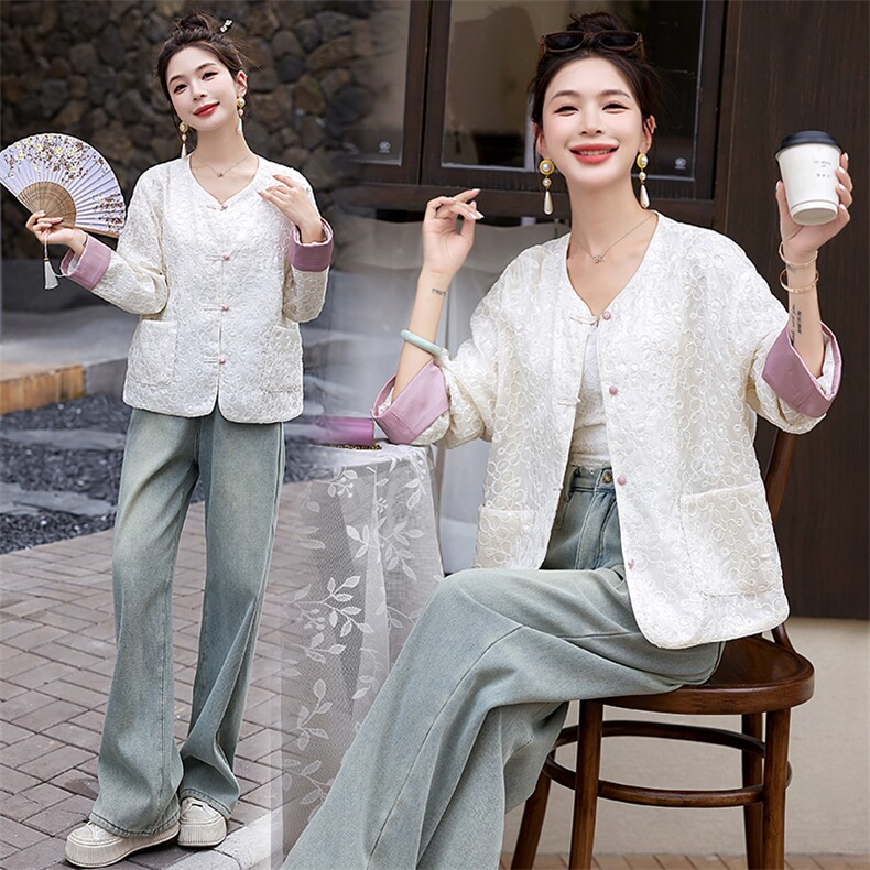 新中式国风提花盘扣外套女2024春季新款高级感圆领刺绣小香风上衣，女装短外套，木橙西子