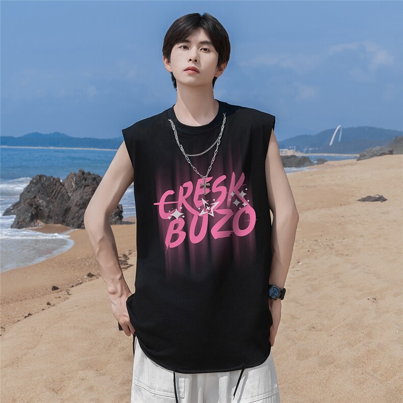 港风24夏款字母印花坎肩圆领链条背心DT65801P35控48，男装背心/马甲，电商A268A