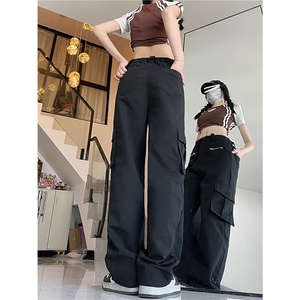 黑色美式工装牛仔裤女夏季小个子高腰宽松垂感直筒阔腿休闲长裤潮图片