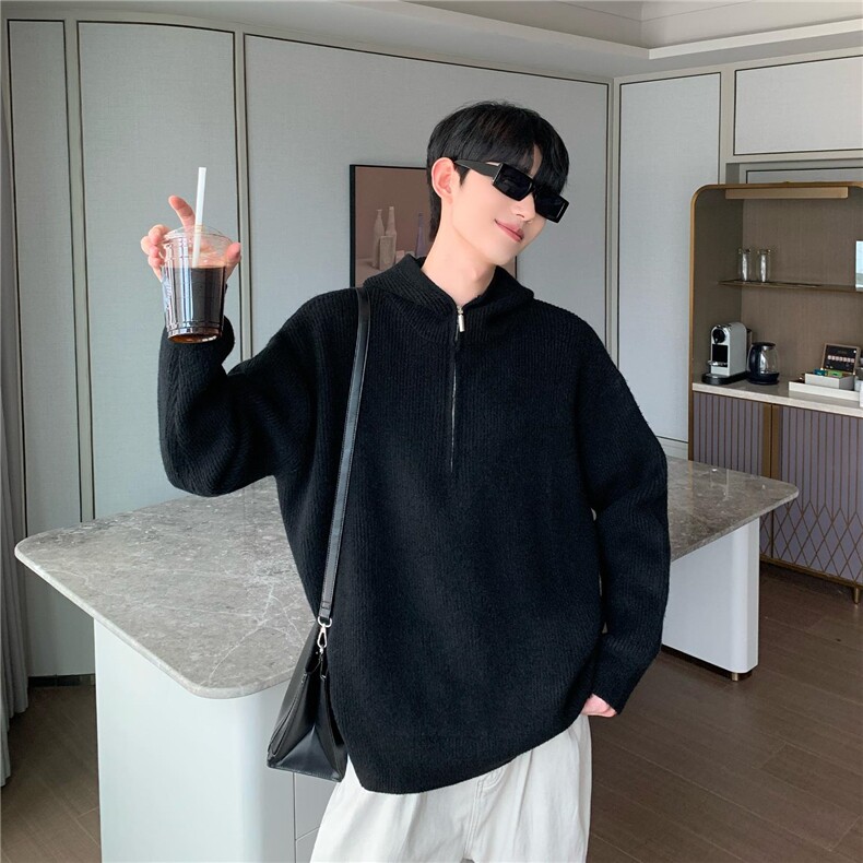 网图84571-P75连帽拉链设计针织开衫男宽松百搭纯色毛衣外套潮，男装针织衫/毛衣，电商D310B