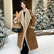 超保暖复古美拉德色长款皮毛一体大衣外套190-5080-P285K398，女装毛呢外套，2B190