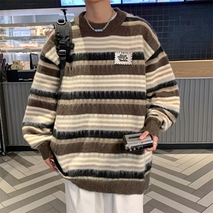 条纹圆领毛衣男秋冬日系套头针织衫宽松潮流打底毛线衣MY0200-P50图片
