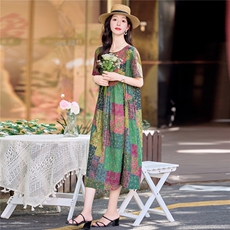 复古印花休闲棉麻连衣裙女2026夏季大码胖mm宽松遮肚显瘦A字裙子，女装连衣裙，倪叶myz