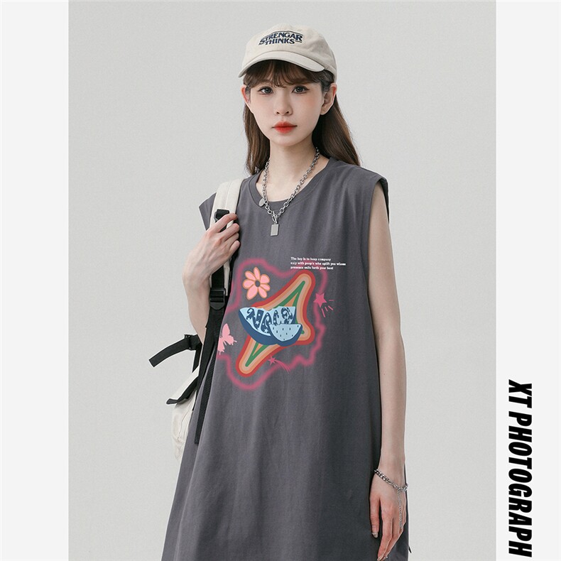 中性风新款夏季时尚百搭宽松印花无袖100棉短袖T恤DT65005P25控38图片