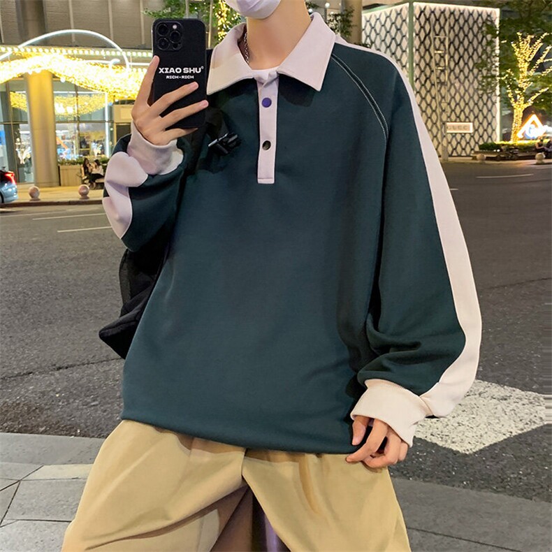 潮流宽松撞色polo领卫衣百搭休闲上衣WY2355图片