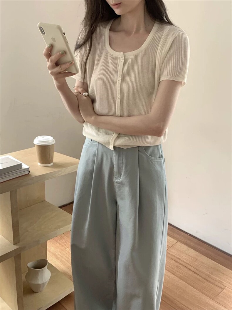 针织衫短袖女夏季新款百搭薄款镂空低领u领，女装针织衫/毛衣，圣旺供货