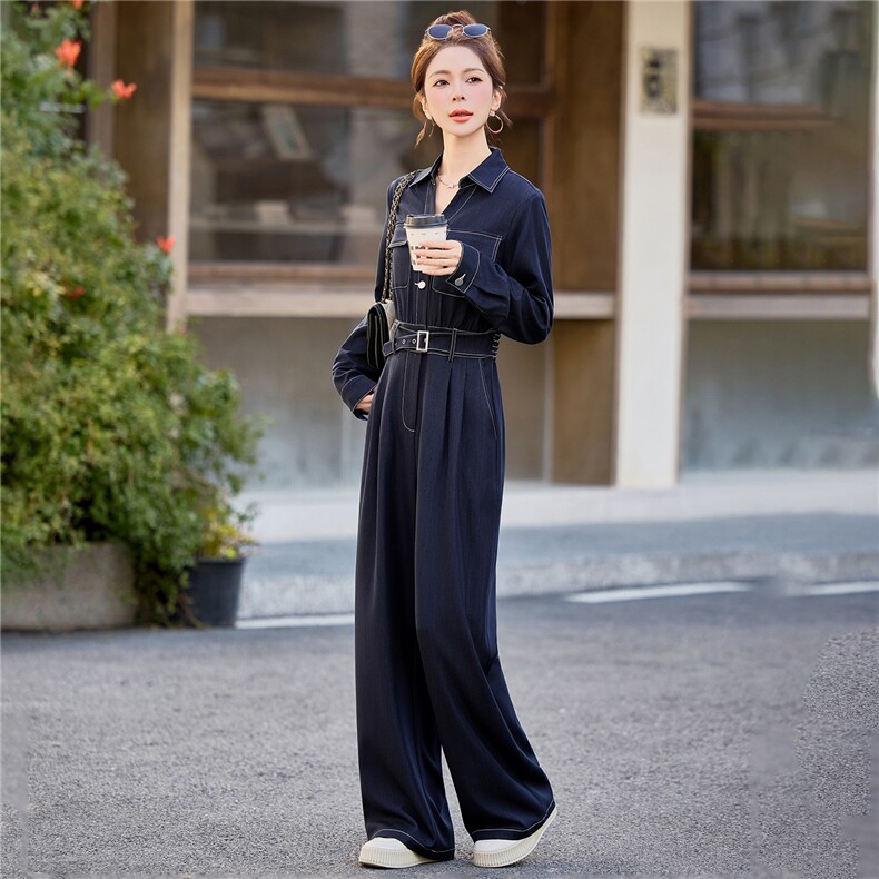 （新款现货）2026春装时尚高级显瘦天丝牛仔V领腰带阔腿连体裤,女装连体裤,印象茜