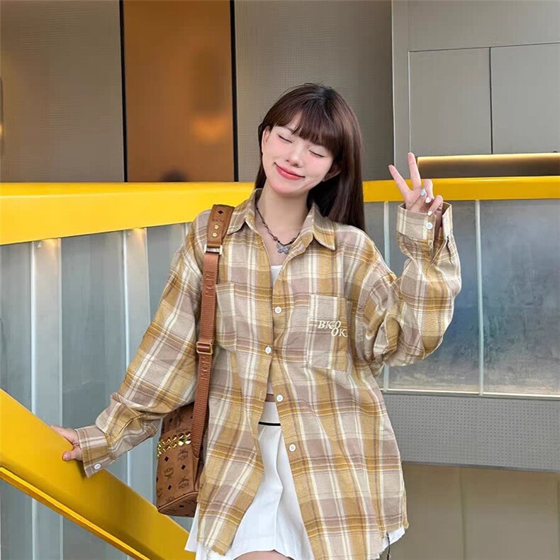 Zone秋新款韩版2024休闲格子百搭宽松慵懒情侣款开衫衬衫女蓝黄,男装衬衫,星座1210-1