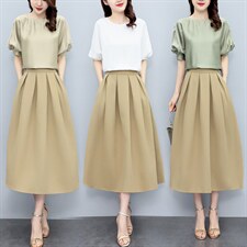 芷墨夏季新款时尚纯色简约显瘦上衣裙子套装百搭休闲俩件套，女装套装/套裙，芷墨服饰