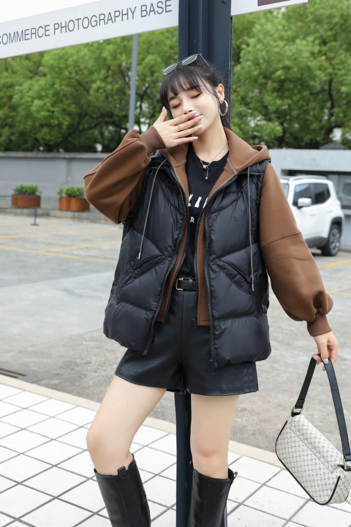 现货，加绒卫衣拼接羽绒服马甲,女装卫衣/绒衫,美依菱