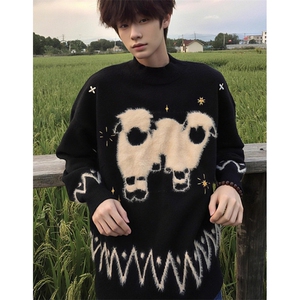 毛绒小羊黑色费尔岛提花毛衣男秋冬加厚针织衫慵懒上衣 MY528图片