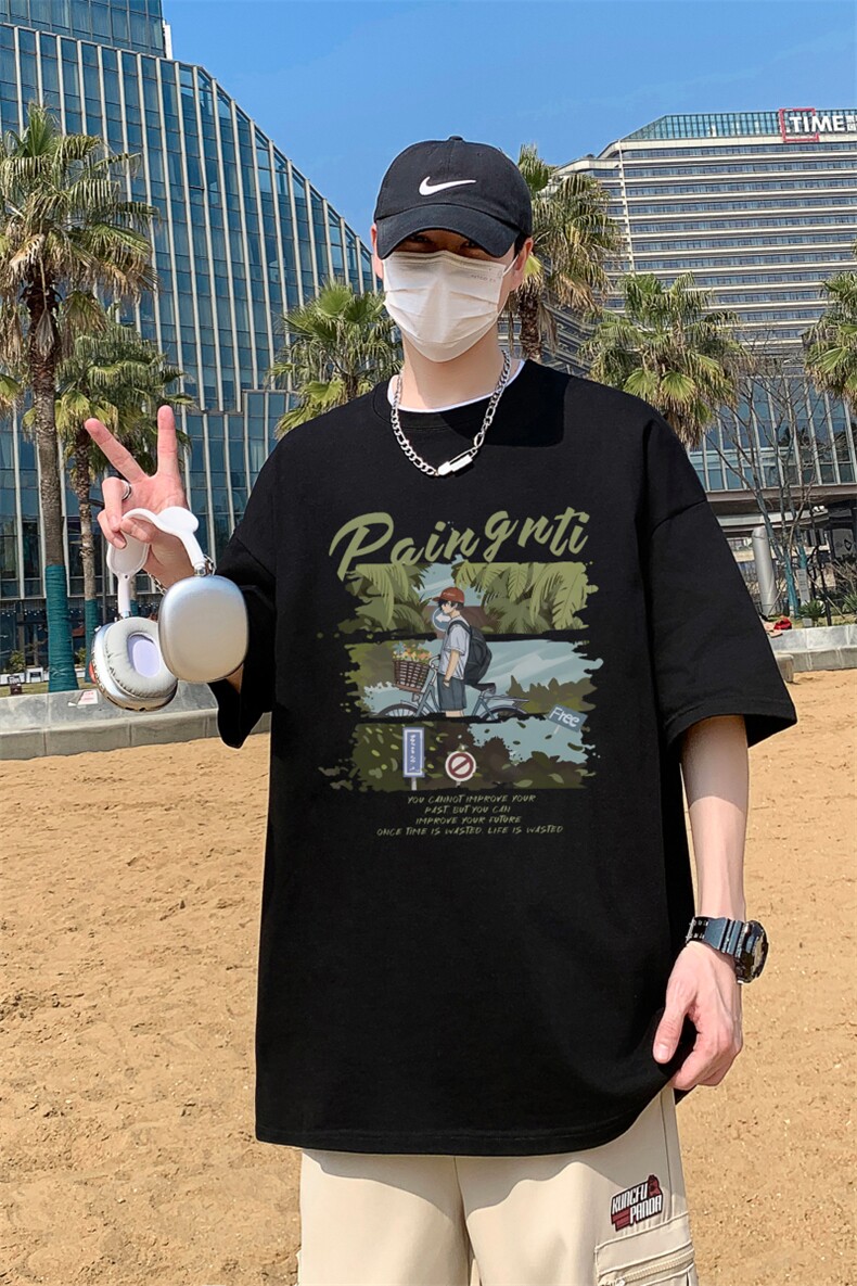 夏季纯棉港风宽松休闲时尚重磅230克小圆领短袖T恤上衣-T910-P20,男装T恤,星座310B