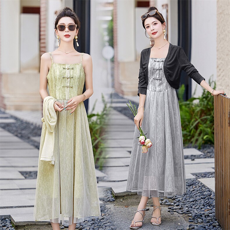 《现货新品》多色可选时尚休闲针织短外套复古连衣裙两件套，女装套装/套裙，曼琳思菲