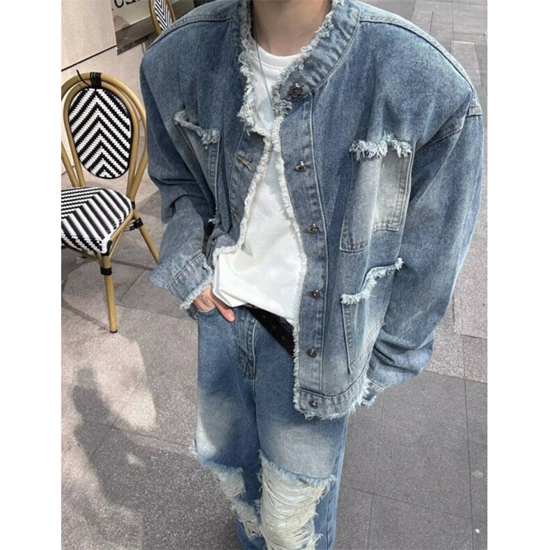 做旧毛边牛仔外套痞帅设计感男女复古水洗渐变宽松夹克上衣JK615,男装工装外套,星座516A