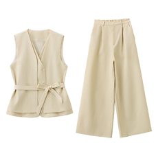 现货轻熟风气质套装女2026夏季麻料薄款西装马甲上衣阔腿裤两件套，女装套装/套裙，艾仟回(原伊仟回)