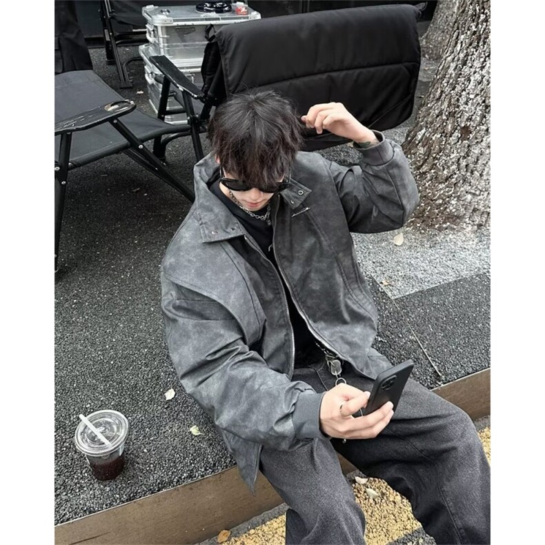 潮美式PU皮立领工装夹克外套女春秋季棕色运动棒球服W194/P75,男装夹克,星座506
