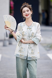 高档刺绣国风盘扣外套女2024夏新款宽松百搭气质圆领薄款防晒上衣图片