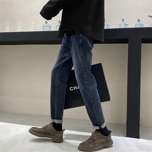 直筒牛仔裤男生秋冬加绒美式潮牌痞帅青少年弹力修身小脚休闲裤子图片