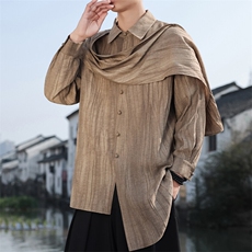 2025春季新款男装新中式三穿亚麻衬衣拼接飘带棉麻衬衫C168-P85，男装衬衫，电商B277(原6028)