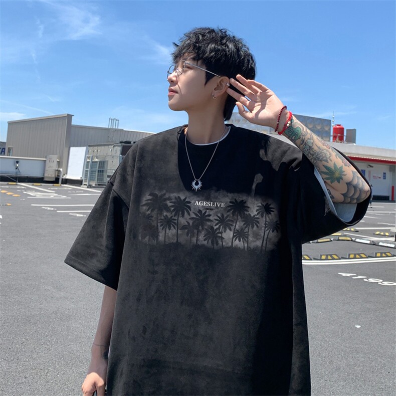 藏青色麂皮绒t恤男夏季美式高街青少年短袖潮牌痞帅炸街半袖体恤,男装T恤,电商B371