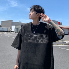 藏青色麂皮绒t恤男夏季美式高街青少年短袖潮牌痞帅炸街半袖体恤，男装T恤，电商B371
