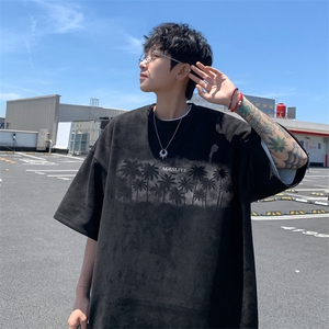 藏青色麂皮绒t恤男夏季美式高街青少年短袖潮牌痞帅炸街半袖体恤图片