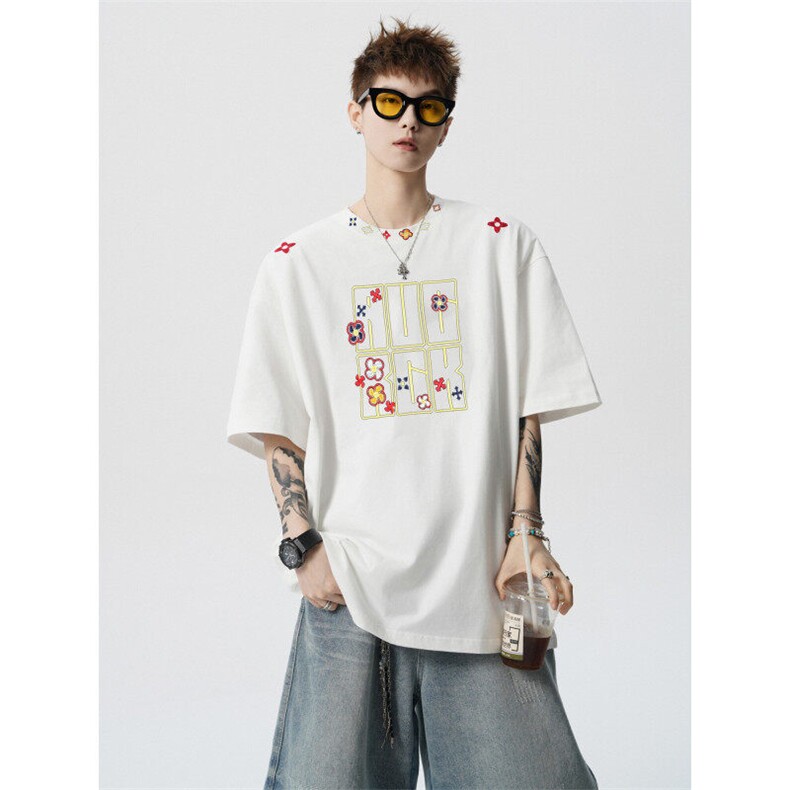 706-LK799-P38260克重磅现货夏季情侣嘻哈图章刺绣短袖T恤，男装T恤，星座706