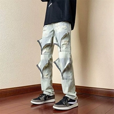 水洗复古黄泥牛仔裤男款欧美vibe裤子高街美式破洞微喇直筒工装裤，男装牛仔裤，星座506A