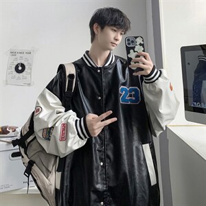 2035-P85港风春秋新款夹克男字母刺绣港风棒球服宽松休闲PU皮外套图片
