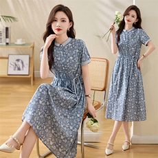 高级感气质纯棉女士连衣裙2026新款妈妈收腰显瘦碎花裙贵夫人裙子，女装连衣裙，倪叶myz