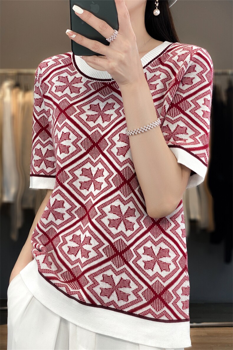 2023春夏新款100%全棉短袖女青花瓷T恤洋气纯棉线针织半袖小众潮,针织衫/毛衣,斯美雅电商供货