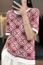 2023春夏新款100%全棉短袖女青花瓷T恤洋气纯棉线针织半袖小众潮，女装针织衫/毛衣，斯美雅电商供货