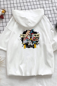 LD54016-P45 连帽短袖t恤男大码胖子带帽五分袖中袖图片