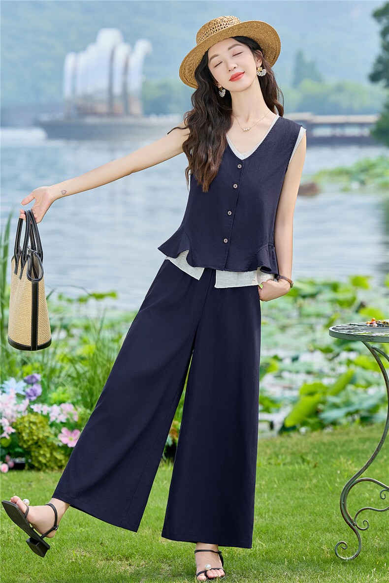 现货2026夏季时尚潮流天丝亚麻老钱风马甲三件套加阔腿裤套装,女装套装/套裙,兰菲阁