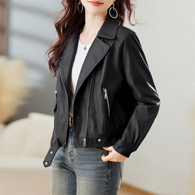 欧货皮衣外套女西装领机车服女士2023秋季新款pu皮夹克短款上衣潮，女装皮衣，江南女神