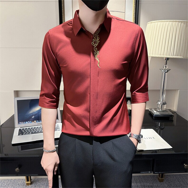 红 夏季男士刺绣七分袖衬衫男痞帅店主风衬衣301A-1/CS330/P55图片