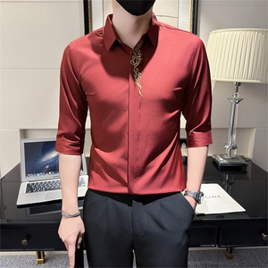 红 夏季男士刺绣七分袖衬衫男痞帅店主风衬衣301A-1/CS330/P55图片
