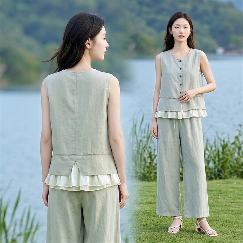 亚麻套装夏季女两件套,女装套装/套裙,曼沙奕珂